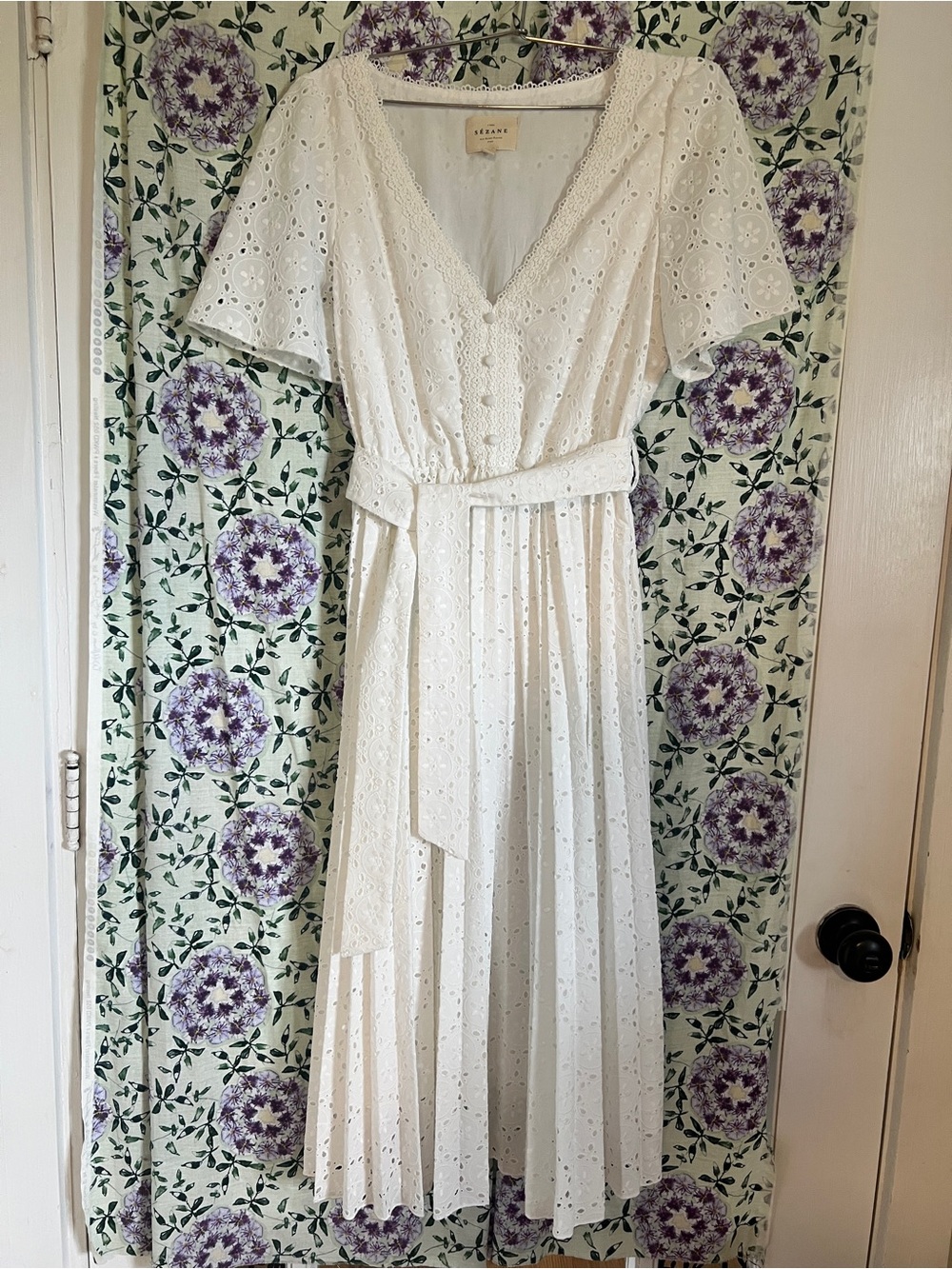 Sezane Isidore FR 36 US 4 white midi eyelet dress